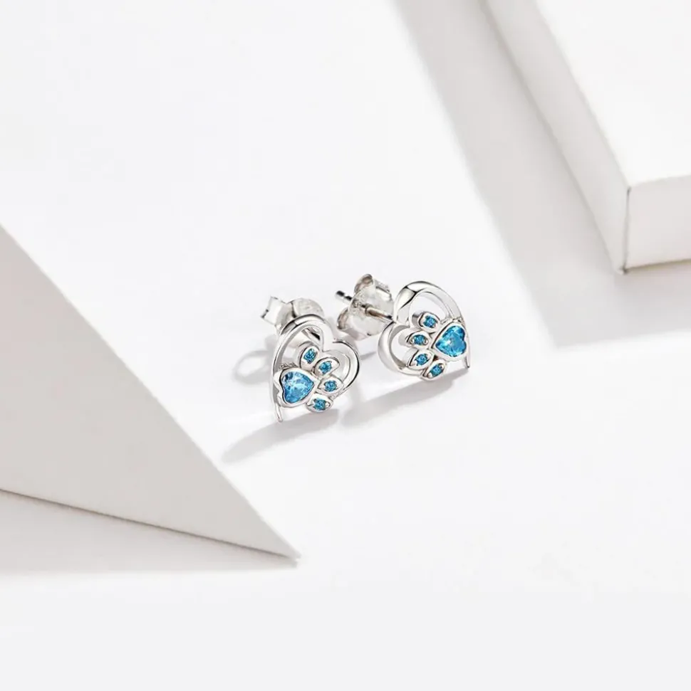 Paw earrings with CZ Paw and Heart in Sterling Silver-for Pet Lovers!