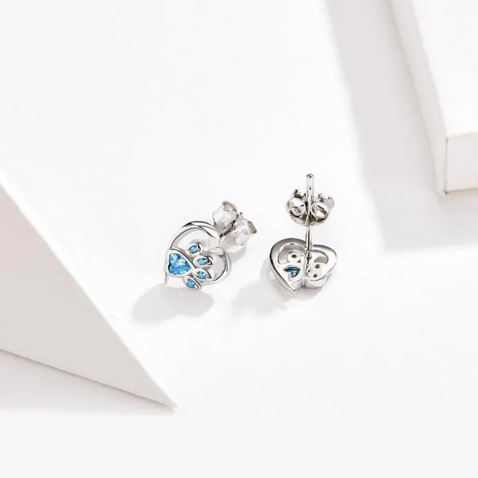 Paw earrings with CZ Paw and Heart in Sterling Silver-for Pet Lovers!
