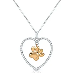 Paw in a Heart Necklace in Sterling Silver with Cubic Zirconia-Unique and Beautiful!