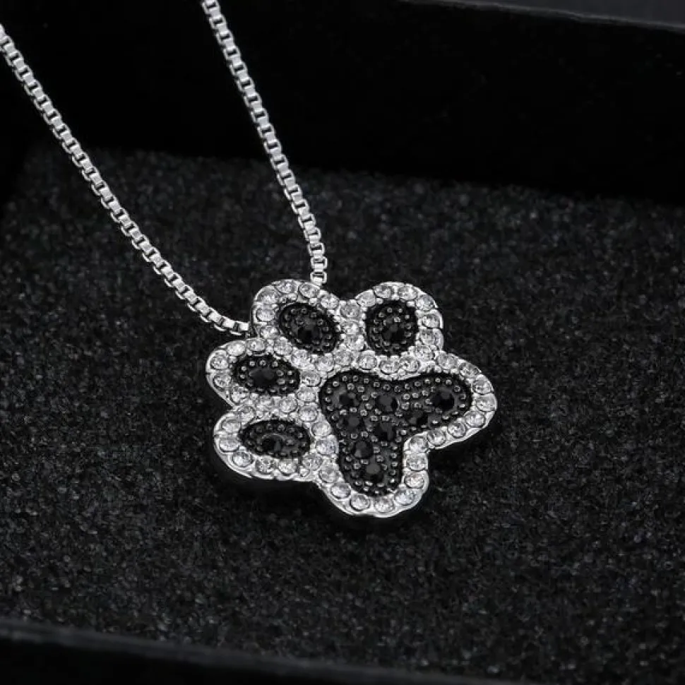 Paw Necklace, Fashion Silver Plated Black and White or White CZ Pet Paw Necklace-So Sweet for the Pet Lover!!