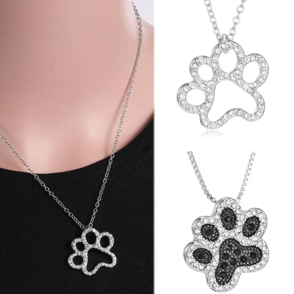 Paw Necklace, Fashion Silver Plated Black and White or White CZ Pet Paw Necklace-So Sweet for the Pet Lover!!