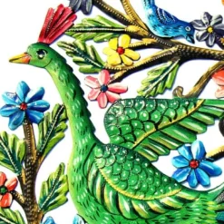PEACOCK IN TREE PAINTED HAITIAN METAL DRUM WALL ART, 24"