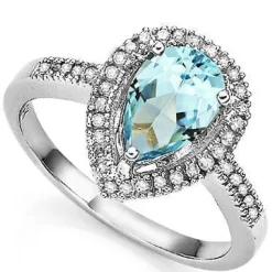 Pear Shaped Swiss Blue Topaz and Diamond Ring in 925 Silver, Lovely