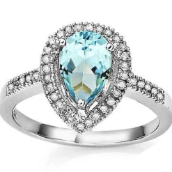 Pear Shaped Swiss Blue Topaz and Diamond Ring in 925 Silver, Lovely