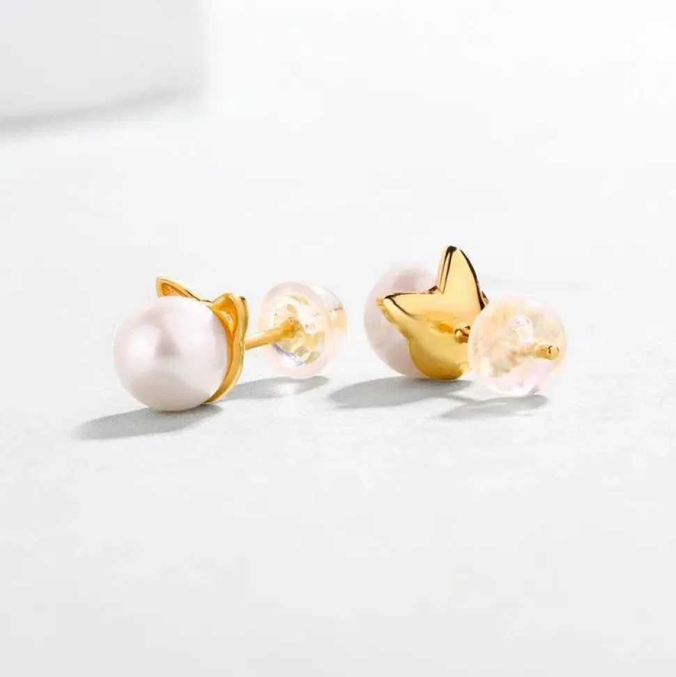 Pearl Cat Jewelry Necklace Earrings - Gold Plated Sterling Silver, so CUTE!