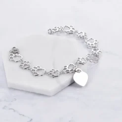Pet Paw Bracelet with Heart Sterling Silver, Engraveable