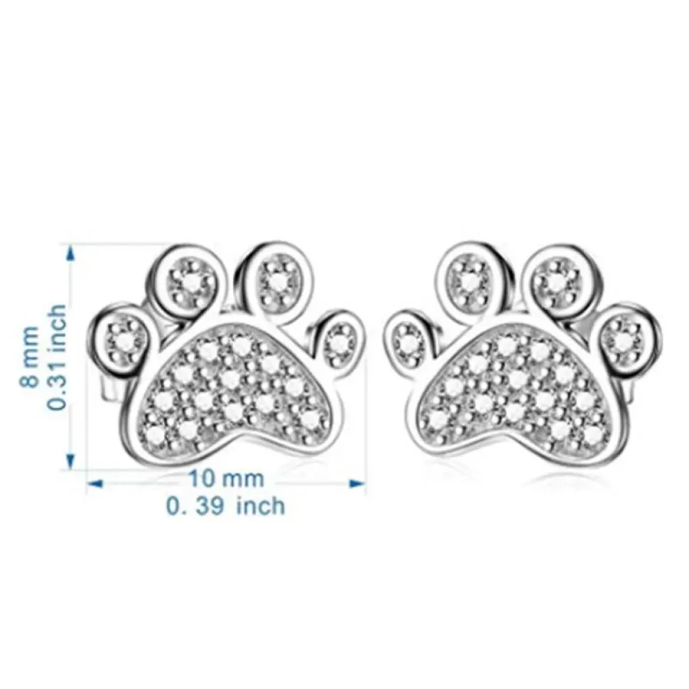 Pet Paw Earrings with Sparkling Cubic Zirconia in Solid Sterling Silver, Beautiful!