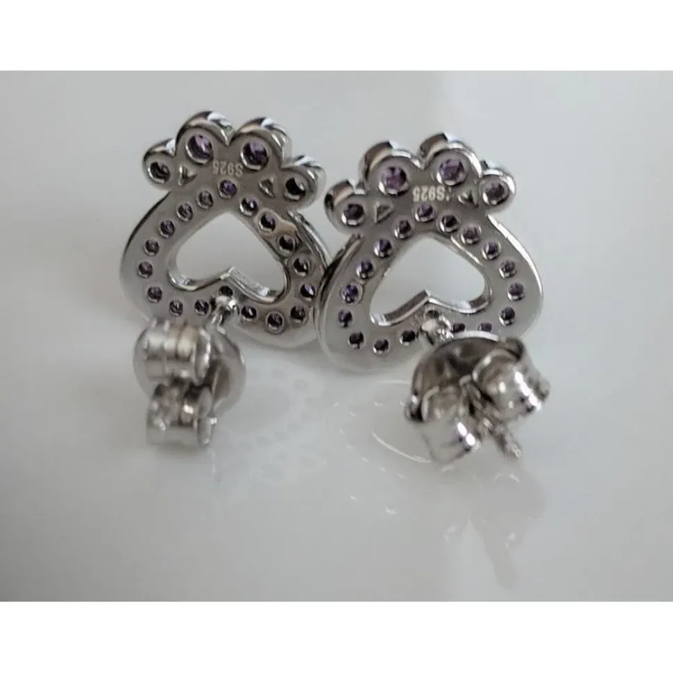 Pet Paw Earrings with Sparkling Cubic Zirconia in Solid Sterling Silver, Beautiful!
