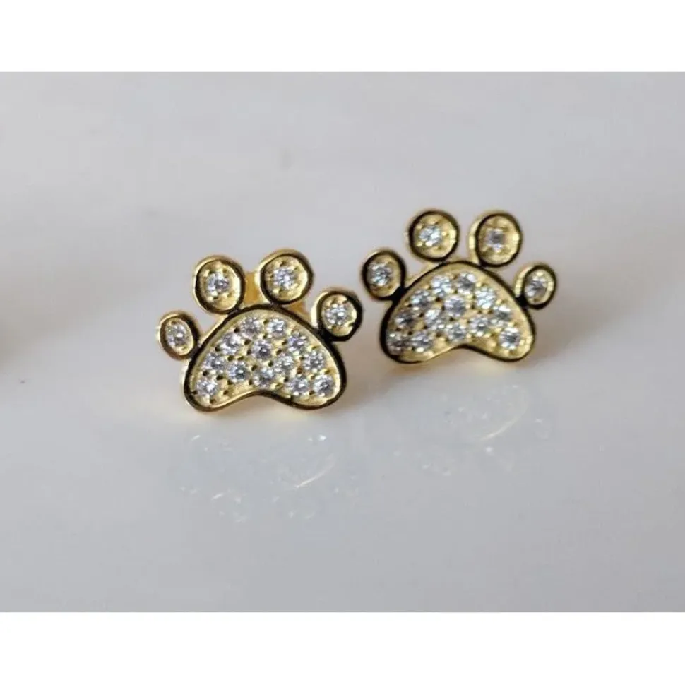 Pet Paw Earrings with Sparkling Cubic Zirconia in Solid Sterling Silver, Beautiful!