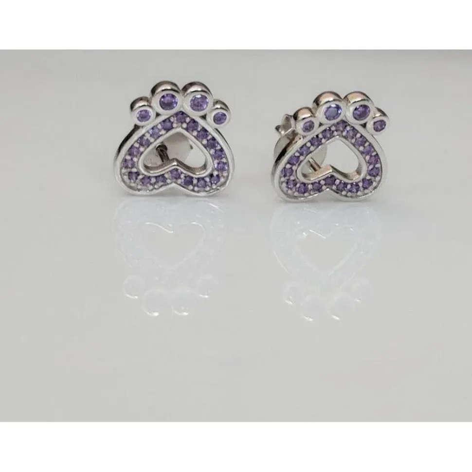 Pet Paw Earrings with Sparkling Cubic Zirconia in Solid Sterling Silver, Beautiful!