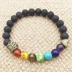Pet Paw Lava Stone 8mm Beaded Bracelets with Rainbow Chakras Aromatherapy Diffuser Bracelets