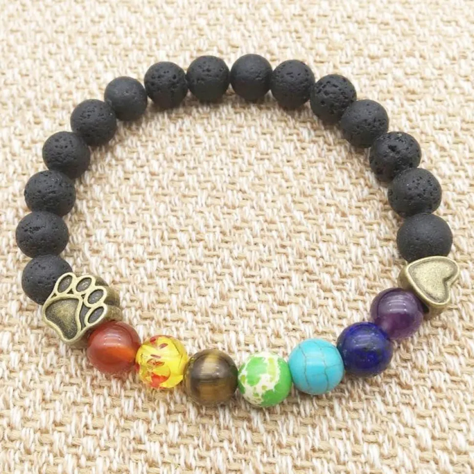 Pet Paw Lava Stone 8mm Beaded Bracelets with Rainbow Chakras Aromatherapy Diffuser Bracelets
