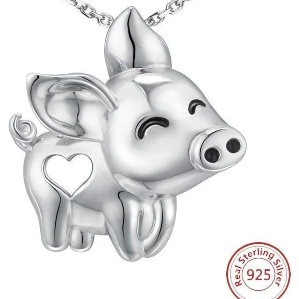 Pig Necklace with Cut Out Heart Rose, Yellow or White Gold Plated Sterling Silver