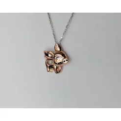 Pig Necklace with Cut Out Heart Rose, Yellow or White Gold Plated Sterling Silver