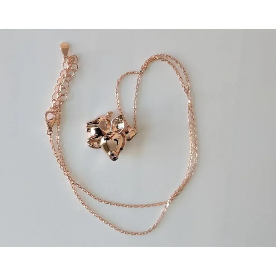 Pig Necklace with Cut Out Heart Rose, Yellow or White Gold Plated Sterling Silver