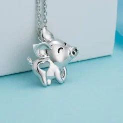 Pig Necklace with Cut Out Heart Rose, Yellow or White Gold Plated Sterling Silver