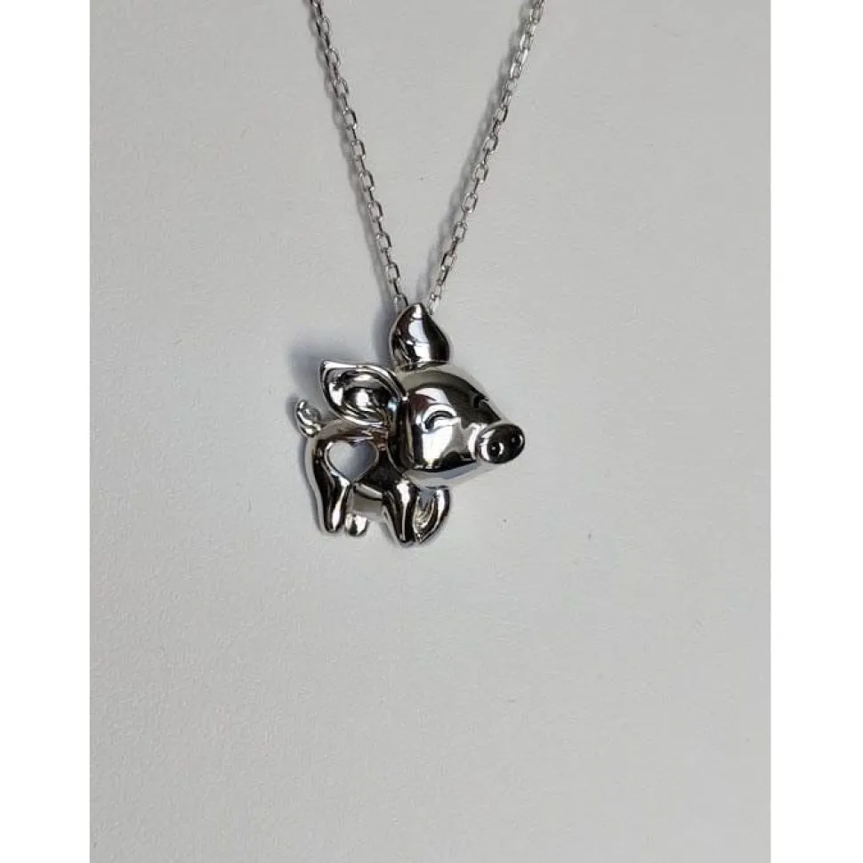 Pig Necklace with Cut Out Heart Rose, Yellow or White Gold Plated Sterling Silver
