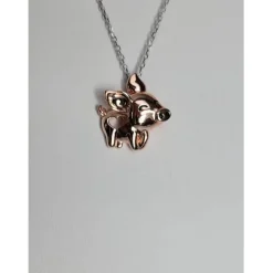 Pig Necklace with Cut Out Heart Rose, Yellow or White Gold Plated Sterling Silver