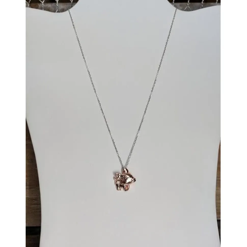 Pig Necklace with Cut Out Heart Rose, Yellow or White Gold Plated Sterling Silver
