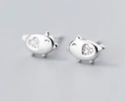Pig Stud Earrings with CZ, Sterling Silver & Rose Gold Plated*