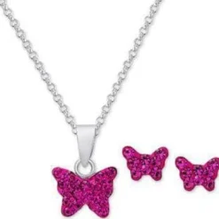Pink Butterfly Girl's Sterling Silver Earring & Necklace Set
