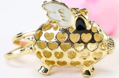 Pink Flying Pig Sparkling Angelic Piggy Gold Finish Keychain