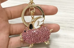 Pink Flying Pig Sparkling Angelic Piggy Gold Finish Keychain