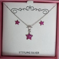 Pink Stars Girl's Sterling Silver Earring & Necklace Set