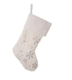 Plush Christmas Stocking Silver Embroidered Sequin Snowflakes Loop Hanger
