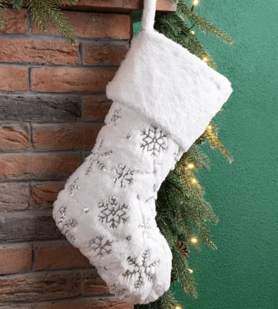 Plush Christmas Stocking Silver Embroidered Sequin Snowflakes Loop Hanger