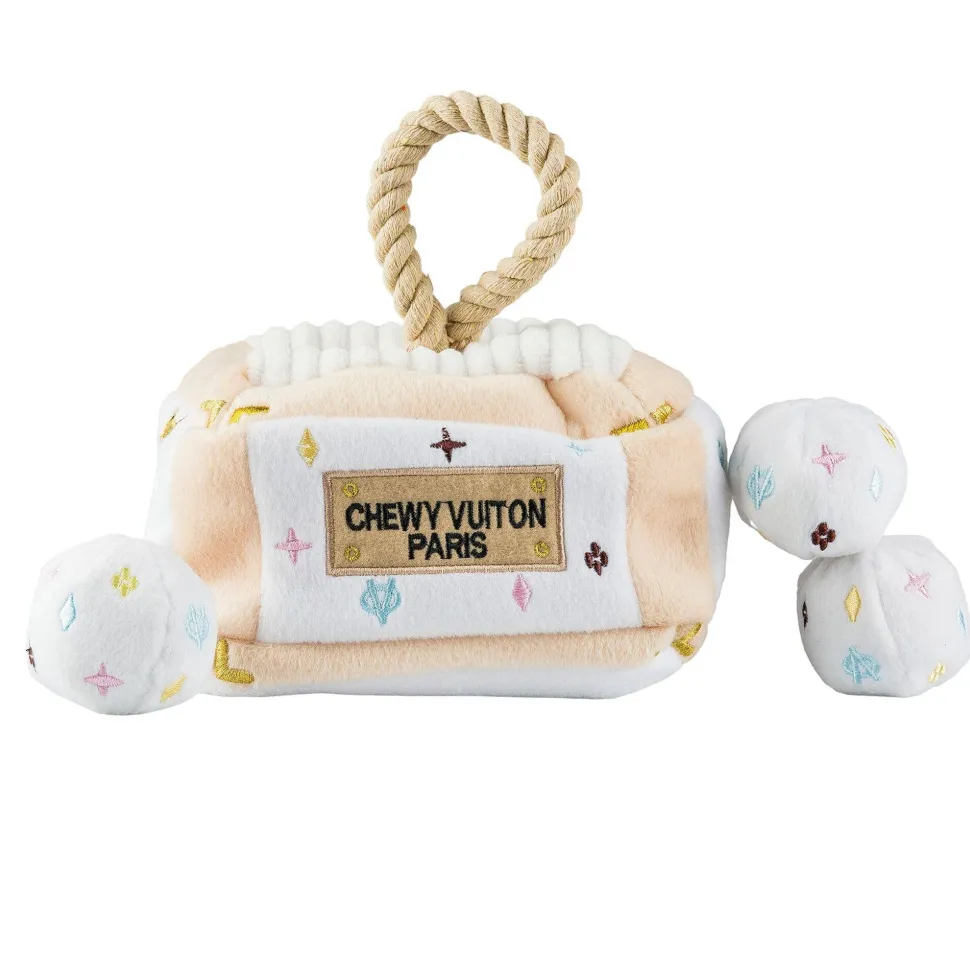 Plush Parody Pet Chew Toy White Chewy Vuiton Interactive Trunk for Dogs Fun Dog Toy