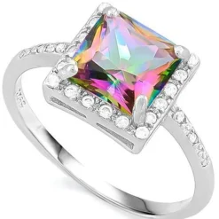 Princess Cut Mystic Topaz Ring with 24 Flawless Created Diamonds in Sterling Silver