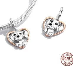 Puppies in Hearts Charms/Pendants Sterling Silver Fits Pandora Style Bracelets