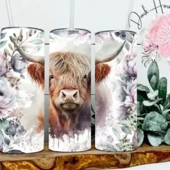 Purple Floral Highland Cow Tumbler