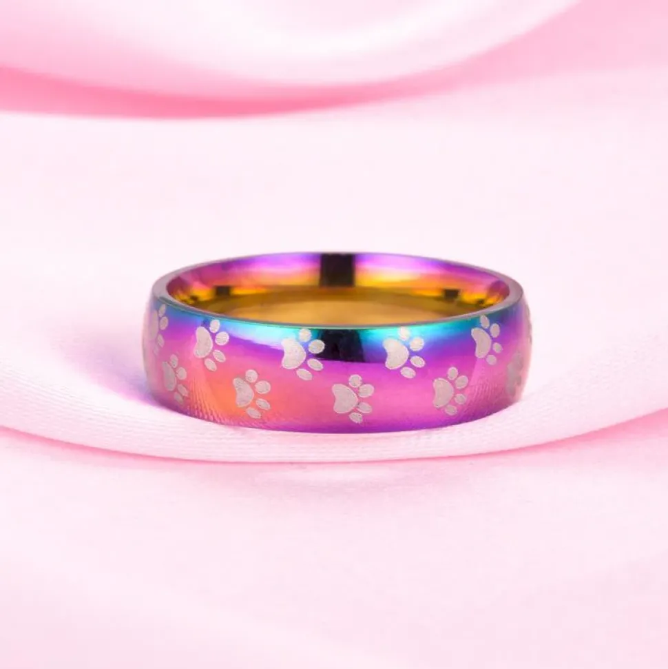 Rainbow Paw Rings, Very Cute! Little paws on the rings, Stainless Steel.