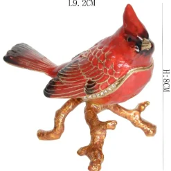 Red Cardinal Pewter Jewelry Trinket Box with Rhinestone Crystal Embellishment