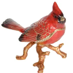 Red Cardinal Pewter Jewelry Trinket Box with Rhinestone Crystal Embellishment