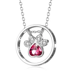 Red CZ Sterling Silver Paw Print Necklace - Pet Jewelry for Pet Lovers