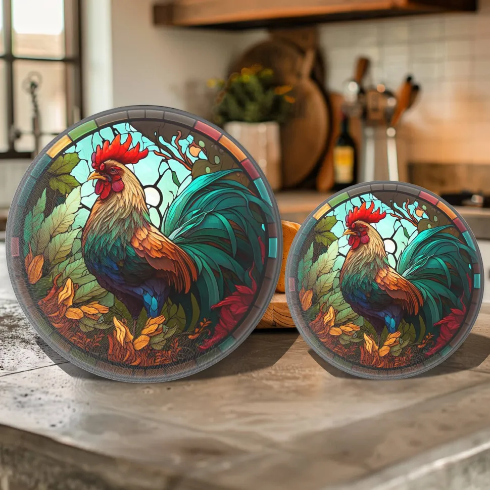 Rooster Tempered Glass Cutting & Serving Board Colorful Stained Glass Look