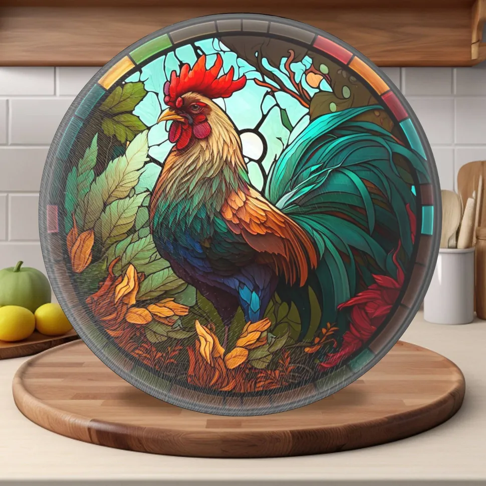 Rooster Tempered Glass Cutting & Serving Board Colorful Stained Glass Look