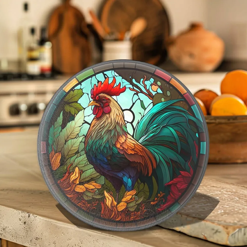 Rooster Tempered Glass Cutting & Serving Board Colorful Stained Glass Look