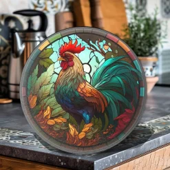 Rooster Tempered Glass Cutting & Serving Board Colorful Stained Glass Look