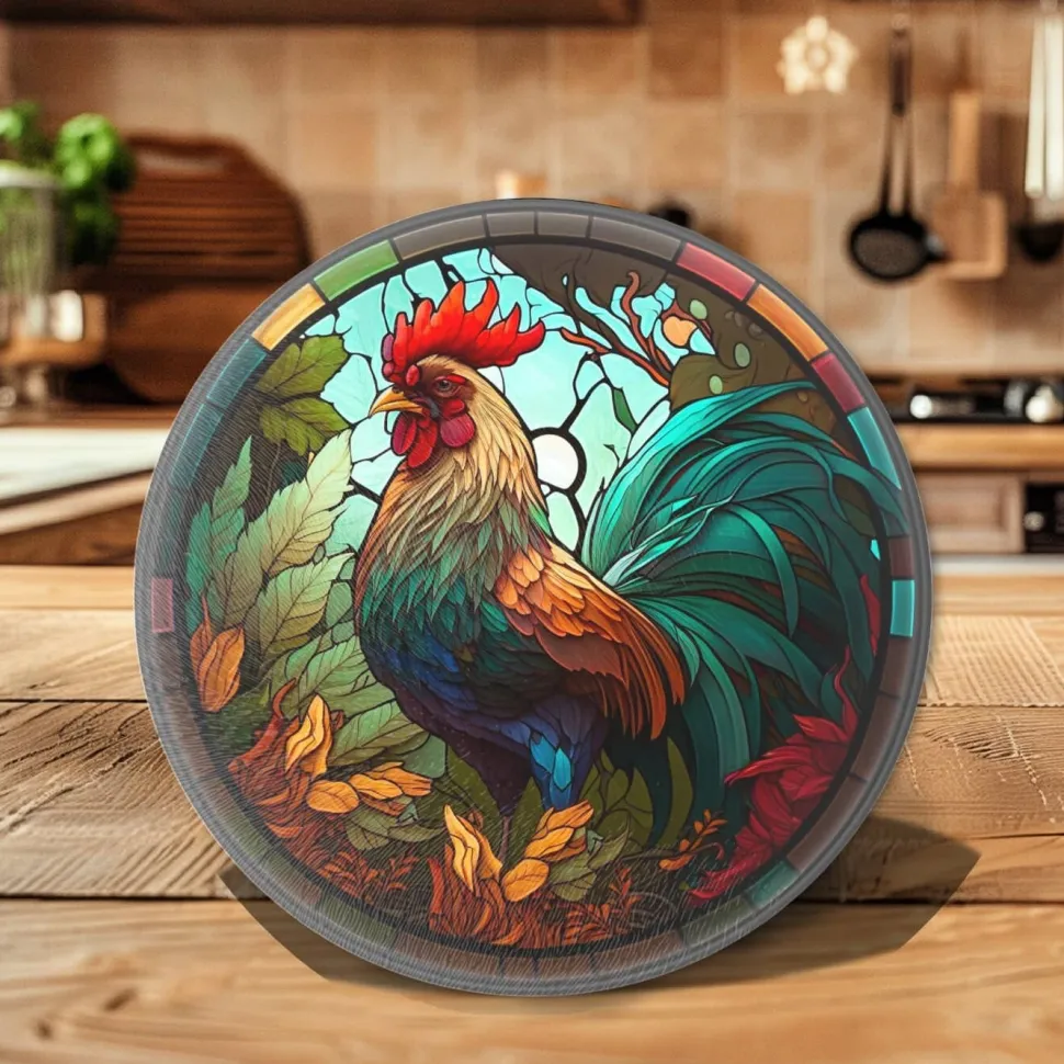 Rooster Tempered Glass Cutting & Serving Board Colorful Stained Glass Look