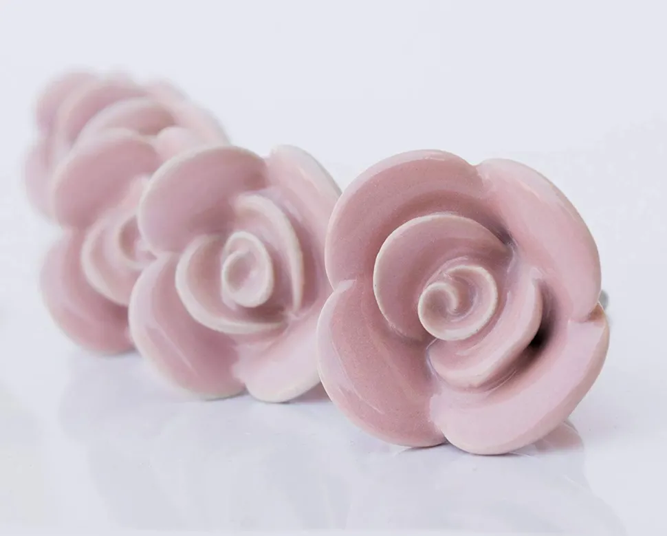 Rose Ceramic Knobs Set of 6-Handcrafted Victorian Style Pink