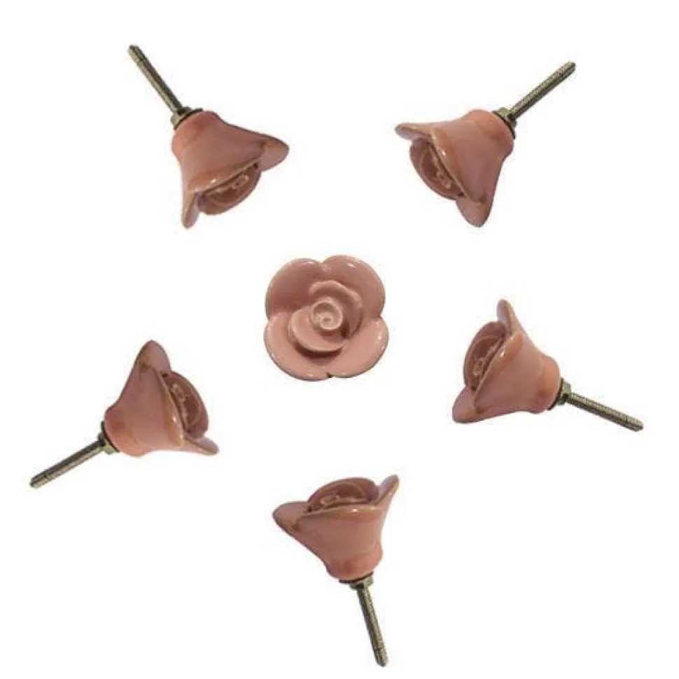Rose Ceramic Knobs Set of 6-Handcrafted Victorian Style Pink