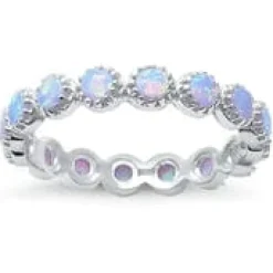 Round White Opal Eternity .925 Sterling Silver Ring Size 7
