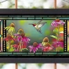 RUBY HUMMINGBIRD FRAMED 13"X23" STAINED COLORED GLASS -Artist: BOURDET