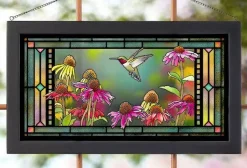 RUBY HUMMINGBIRD FRAMED 13"X23" STAINED COLORED GLASS -Artist: BOURDET