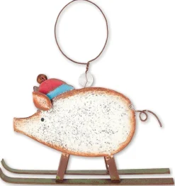 Rustic Skiing Pig Ornament Metal Art