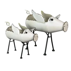 Rustic White Flying Pig Standing Metal Planters SET